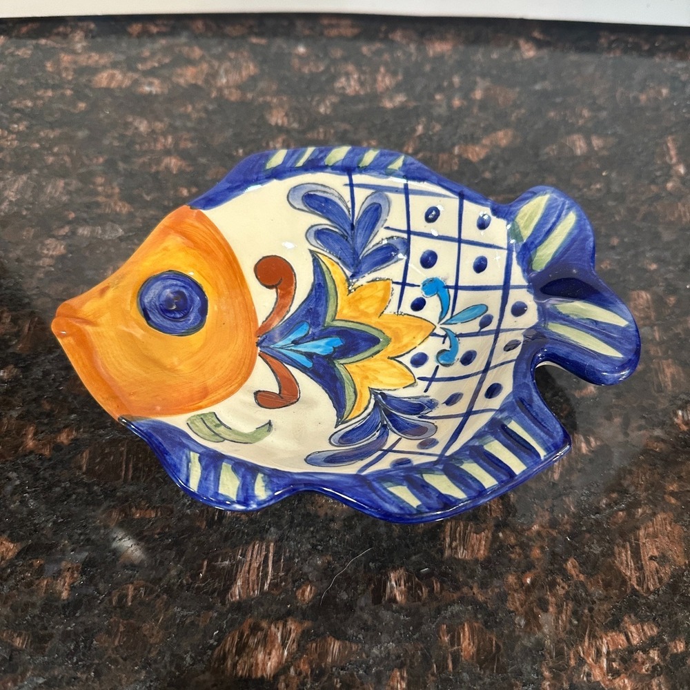 Maxcera Terra Bella Hand Painted Ceramic Fish Dish Blue Orange Floral Glazed